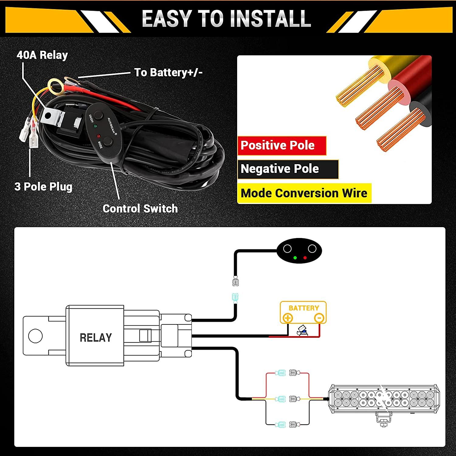 Wiring Harness 10FT, Customized for AUXBEAM 6 Modes LED Light Bar, 12V 40A Relay for Switching Between Different Modes