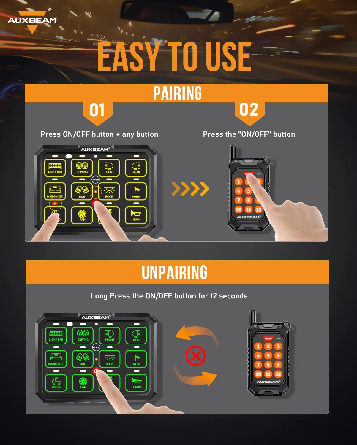 AC-1200 RGB SWITCH PANEL WITH APP&REMOTE CONTROL, TOGGLE/ MOMENTARY/ PULSED MODE SUPPORTED(ONE-SIDED OUTLET)