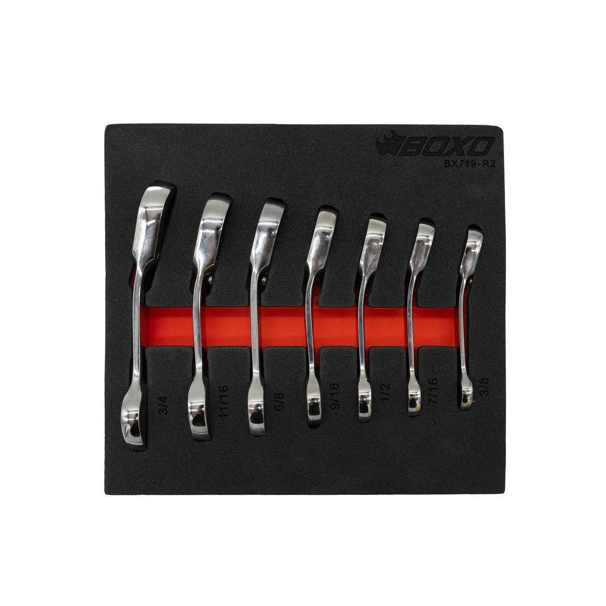 BoxoUSA 7-Piece Stubby SAE Reversible Ratcheting Combo Wrench Set | 1/9th EVA Foam BX719-R2