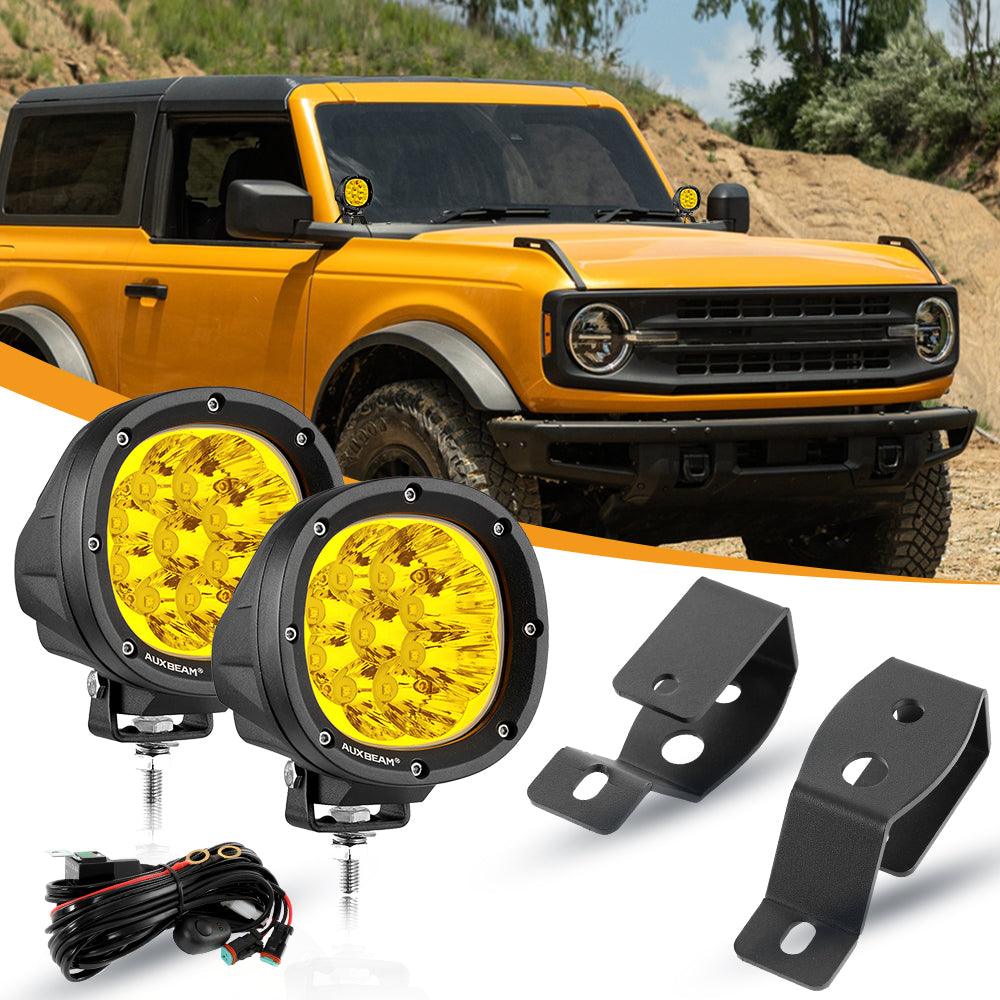 4 Inch 90W Round LED Driving Lights Spot Yellow with A-Pillar Mounting Bracket For Ford Bronco 2/4 Door 2021 2022