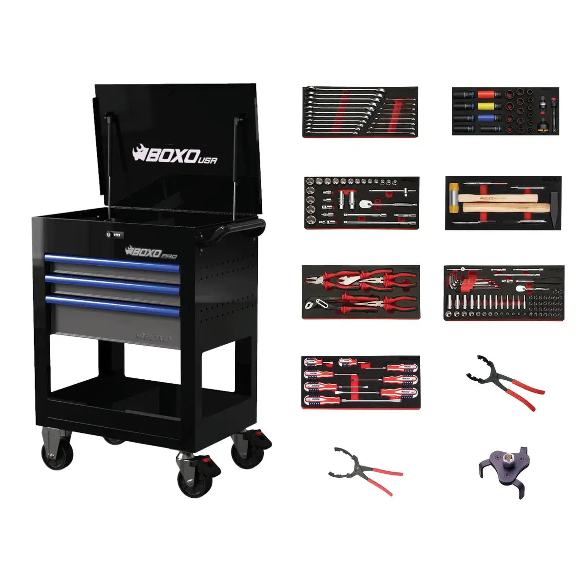 BoxoUSA Pro Series | 28" 3-Drawer Flip-Top Service Cart with Quick Service Master Tool Set 28BQS-BK-B