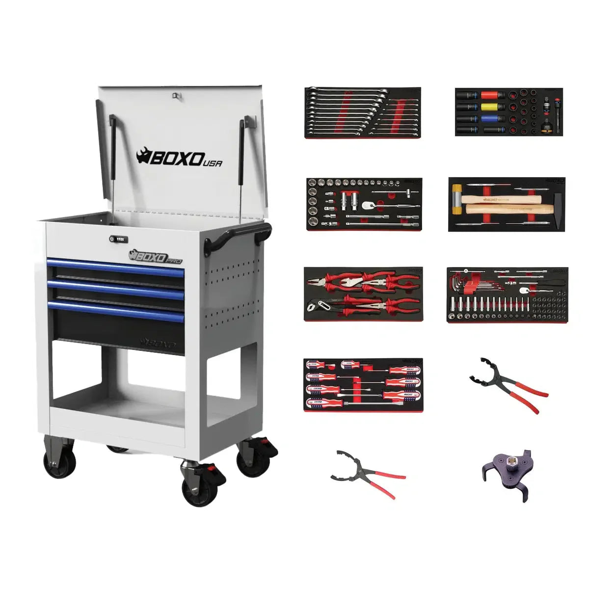 BoxoUSA Pro Series | 28" 3-Drawer Flip-Top Service Cart with Quick Service Master Tool Set 28BQS-W-B