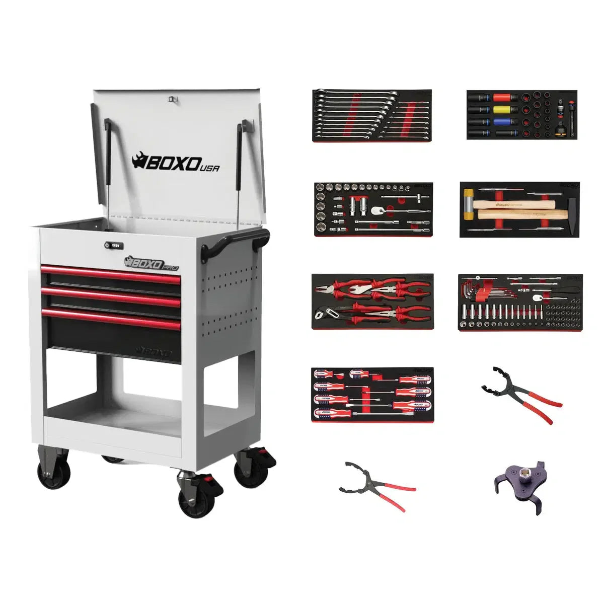 BoxoUSA Pro Series | 28" 3-Drawer Flip-Top Service Cart with Quick Service Master Tool Set 28BQS-W-R