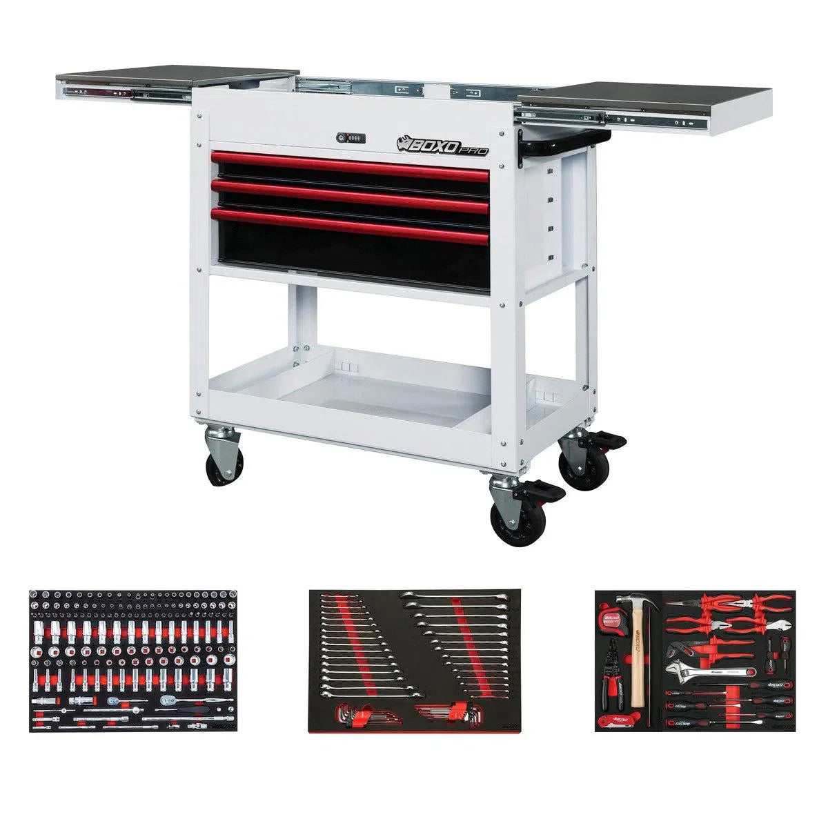 BoxoUSA Pro Series | Loaded 35" 3-Drawer Slide-Top Service Cart Tool Box 35SBM-W-R