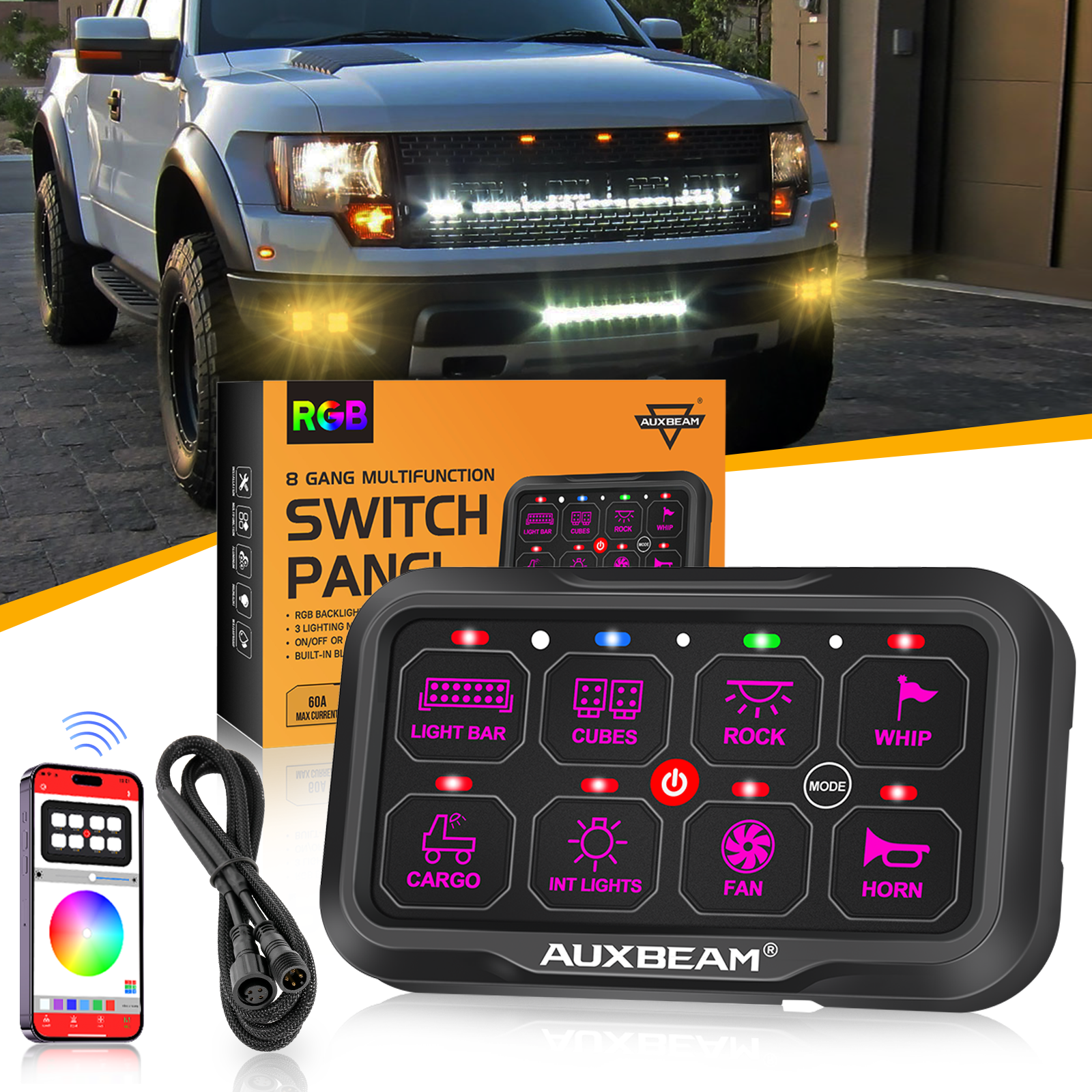 AR-800 Multifunction RGB Switch Panel with Bluetooth Controlled & 47 Inch Extension Cable(Optional) for Chevrolet Silverado