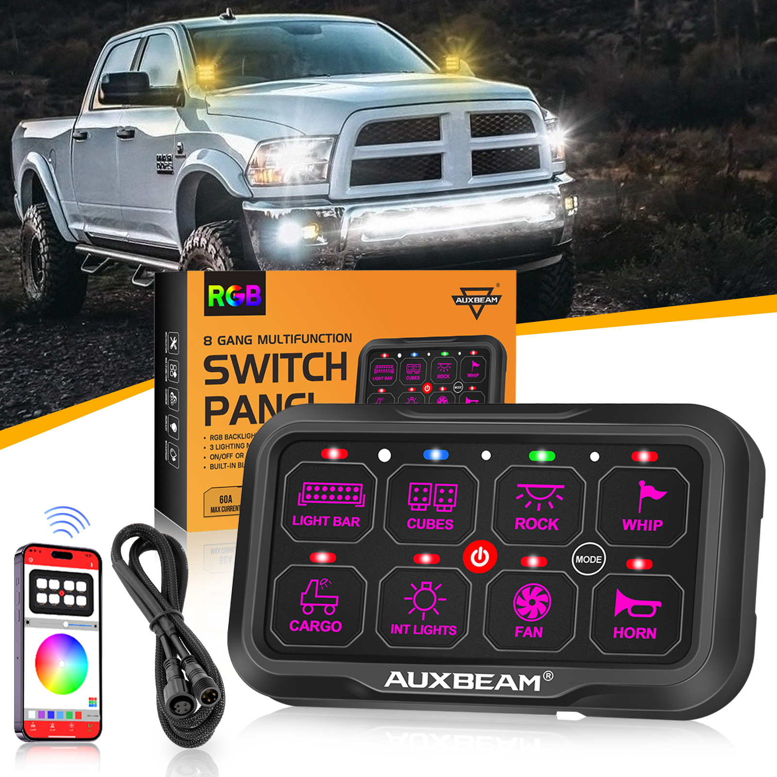 AR-800 Multifunction RGB Switch Panel with Bluetooth Controlled & 47 Inch Extension Cable(Optional) for Dodge Ram