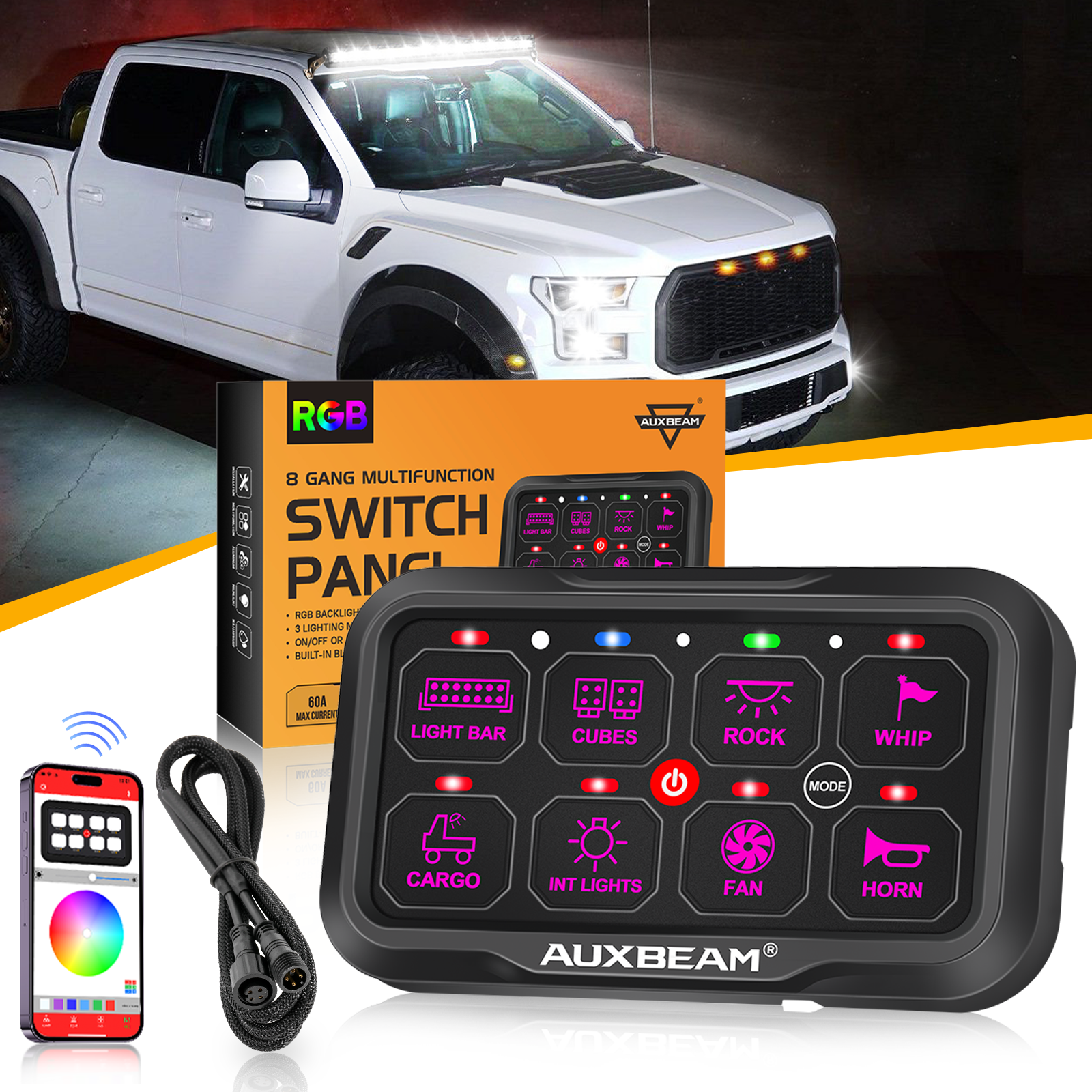 AR-800 Multifunction RGB Switch Panel with Bluetooth Controlled & 47 Inch Extension Cable(Optional) for FORD F150 F250 F350