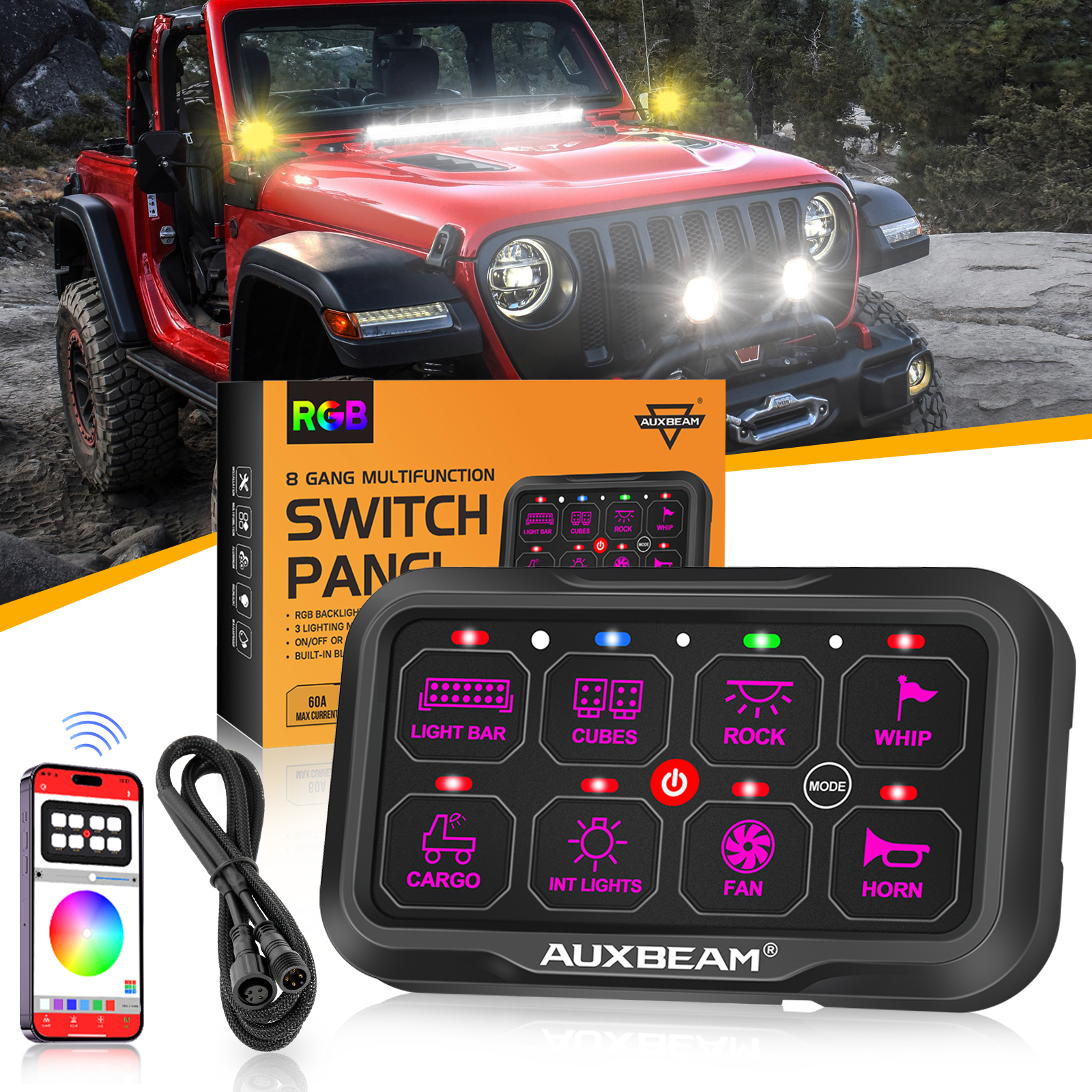 AR-800 Multifunction RGB Switch Panel with Bluetooth Controlled & 47 Inch Extension Cable(Optional) for JEEP