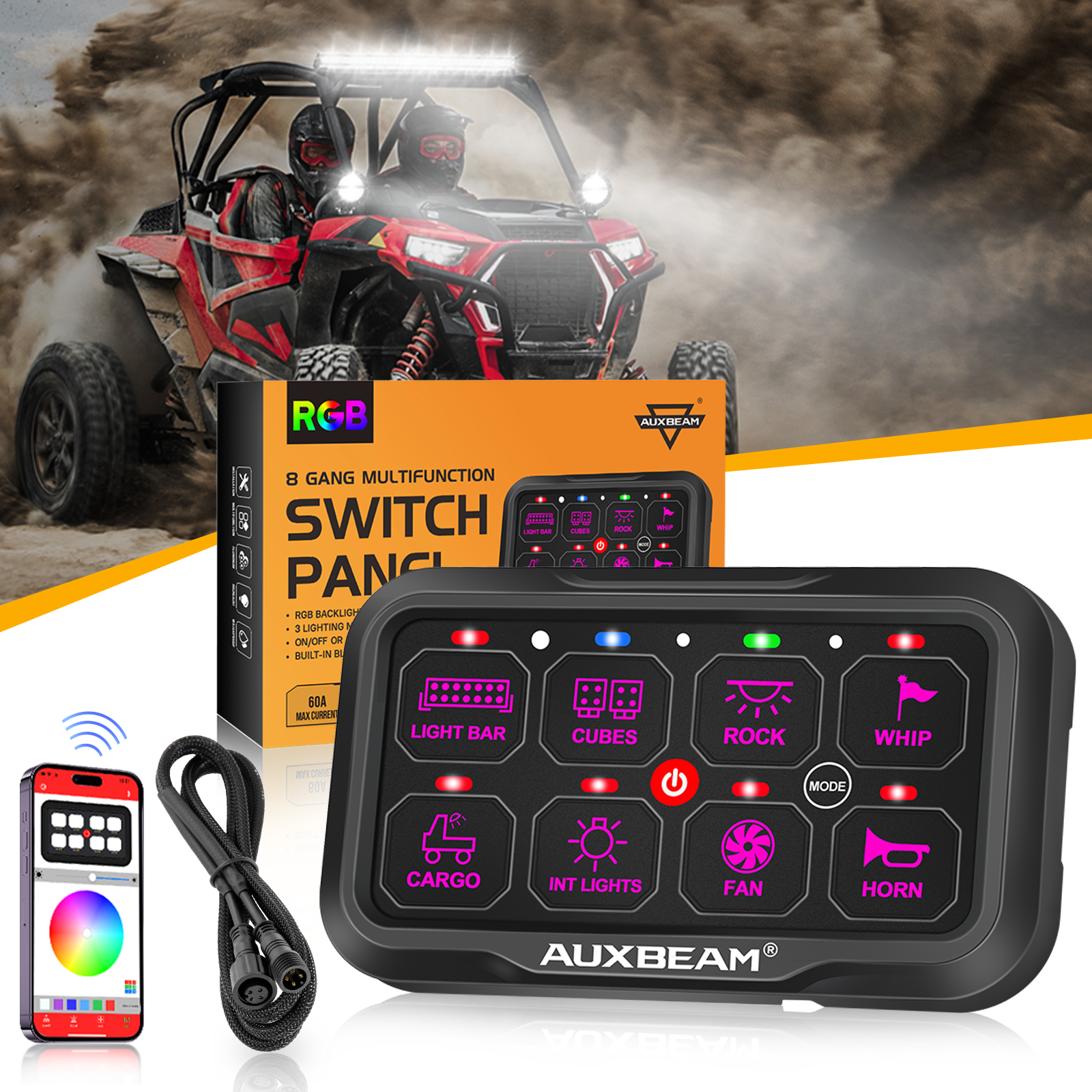 AR-800 Multifunction RGB Switch Panel with Bluetooth Controlled & 47 Inch Extension Cable(Optional) for Polaris RZR XP Turbo / Turbo S 2016 2017 2018 2019 2020 2021