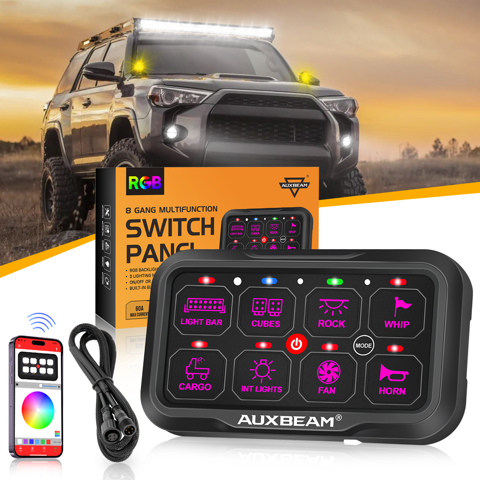 AR-800 Multifunction RGB Switch Panel with Bluetooth Controlled & 47 Inch Extension Cable(Optional) for Toyota 4Runner