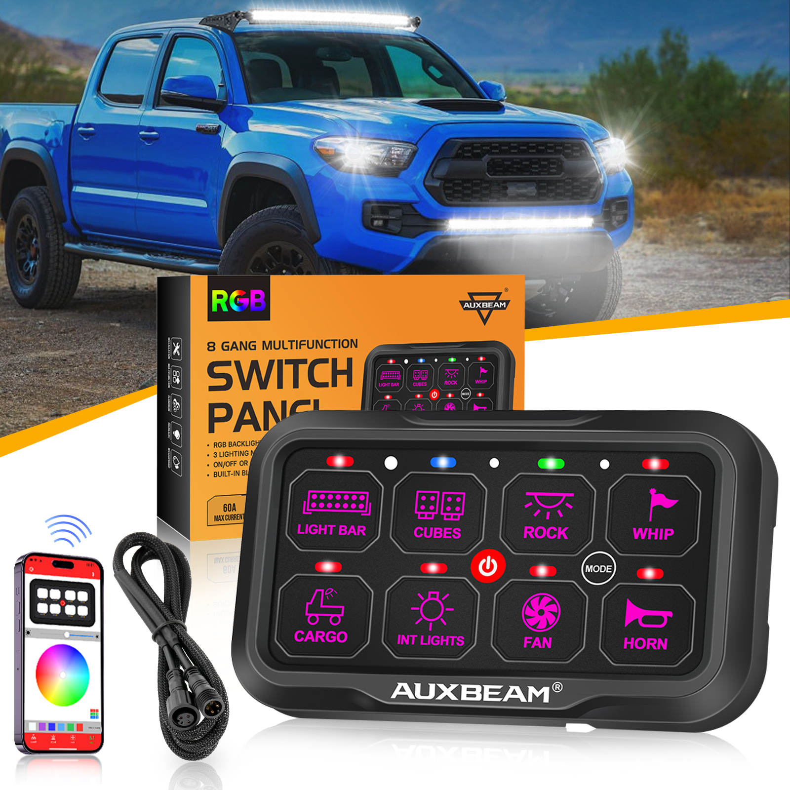 AR-800 Multifunction RGB Switch Panel with Bluetooth Controlled & 47 Inch Extension Cable(Optional) for Toyota Tacoma