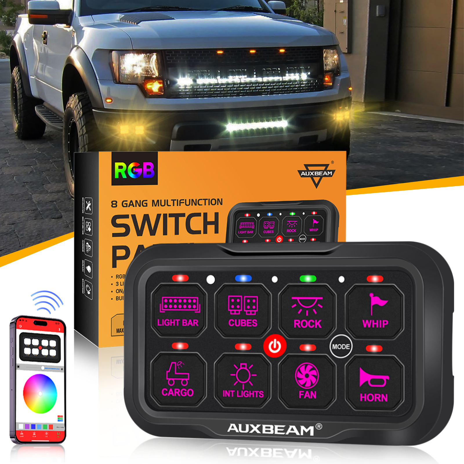 AR-800 Multifunction RGB Switch Panel with Bluetooth Controlled & 47 Inch Extension Cable(Optional) for Chevrolet Silverado