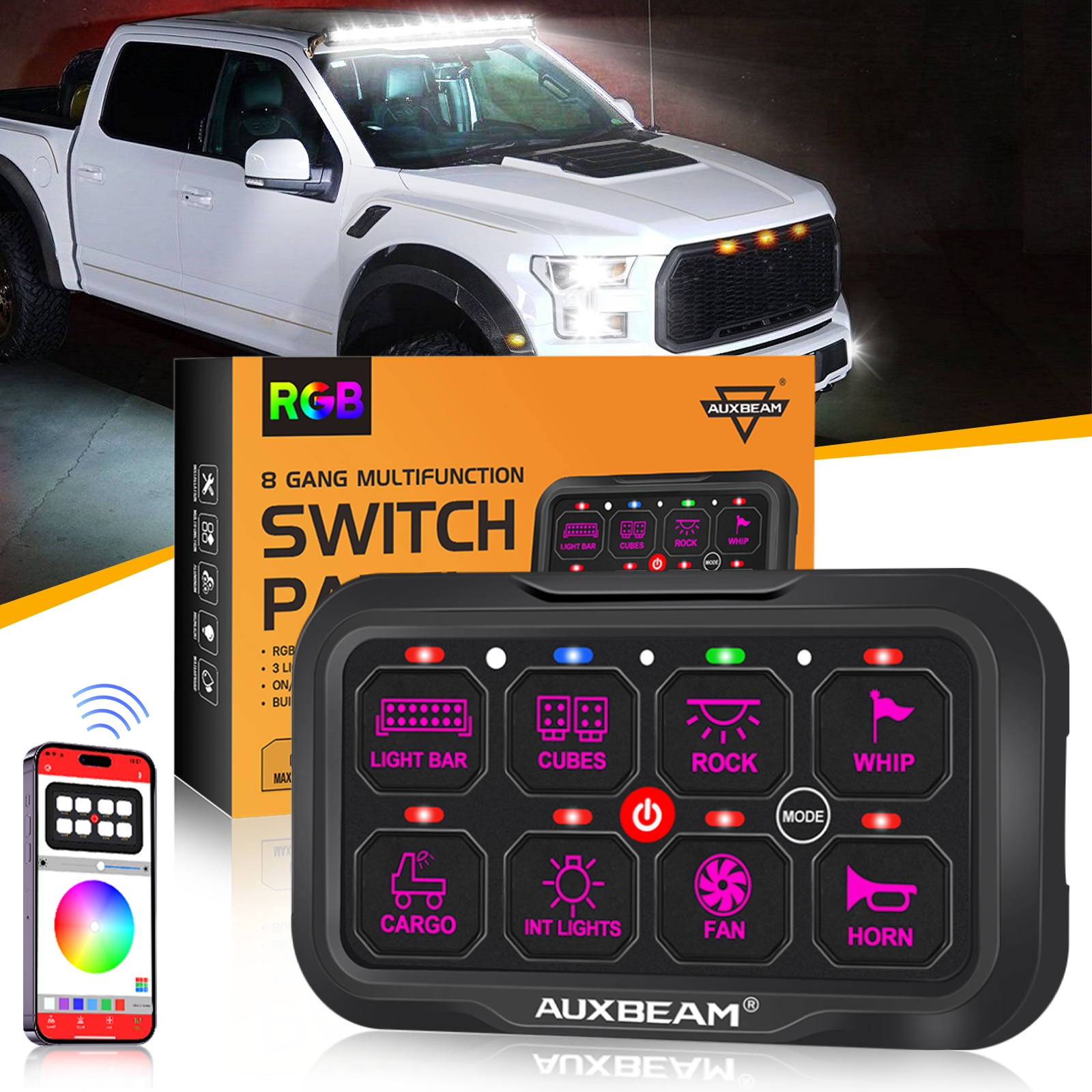 AR-800 Multifunction RGB Switch Panel with Bluetooth Controlled & 47 Inch Extension Cable(Optional) for FORD F150 F250 F350