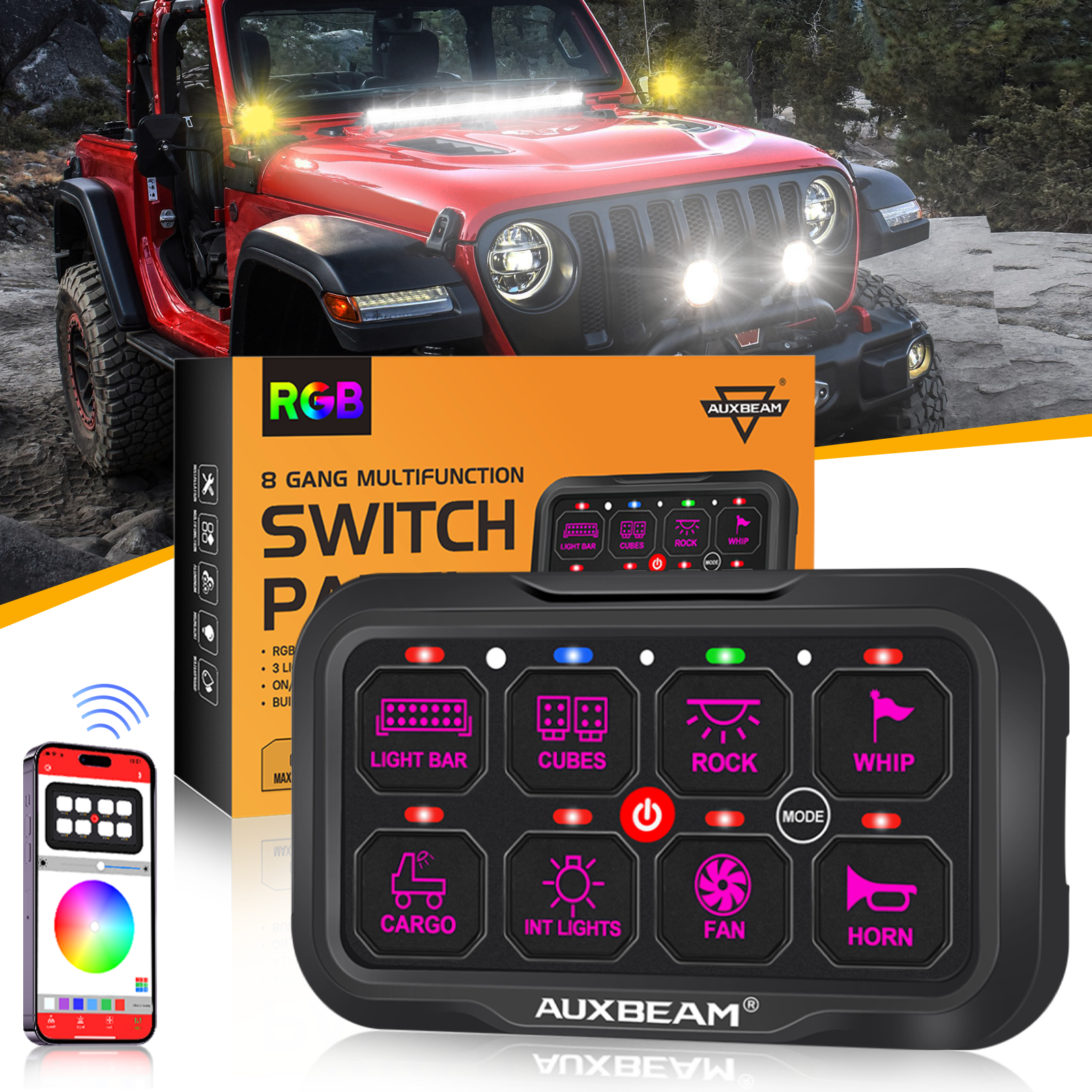 AR-800 Multifunction RGB Switch Panel with Bluetooth Controlled & 47 Inch Extension Cable(Optional) for JEEP