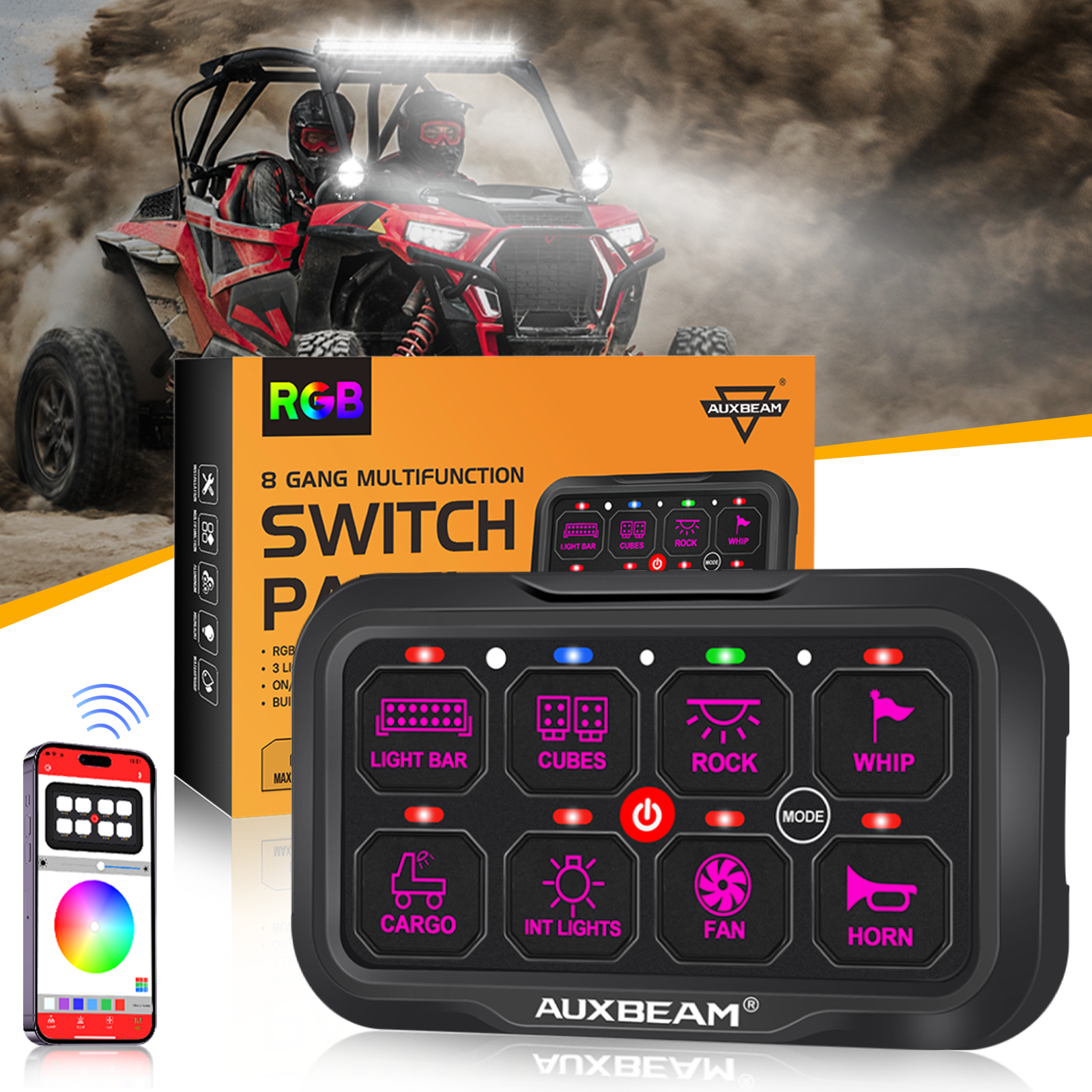 AR-800 Multifunction RGB Switch Panel with Bluetooth Controlled & 47 Inch Extension Cable(Optional) for Polaris RZR XP Turbo / Turbo S 2016 2017 2018 2019 2020 2021