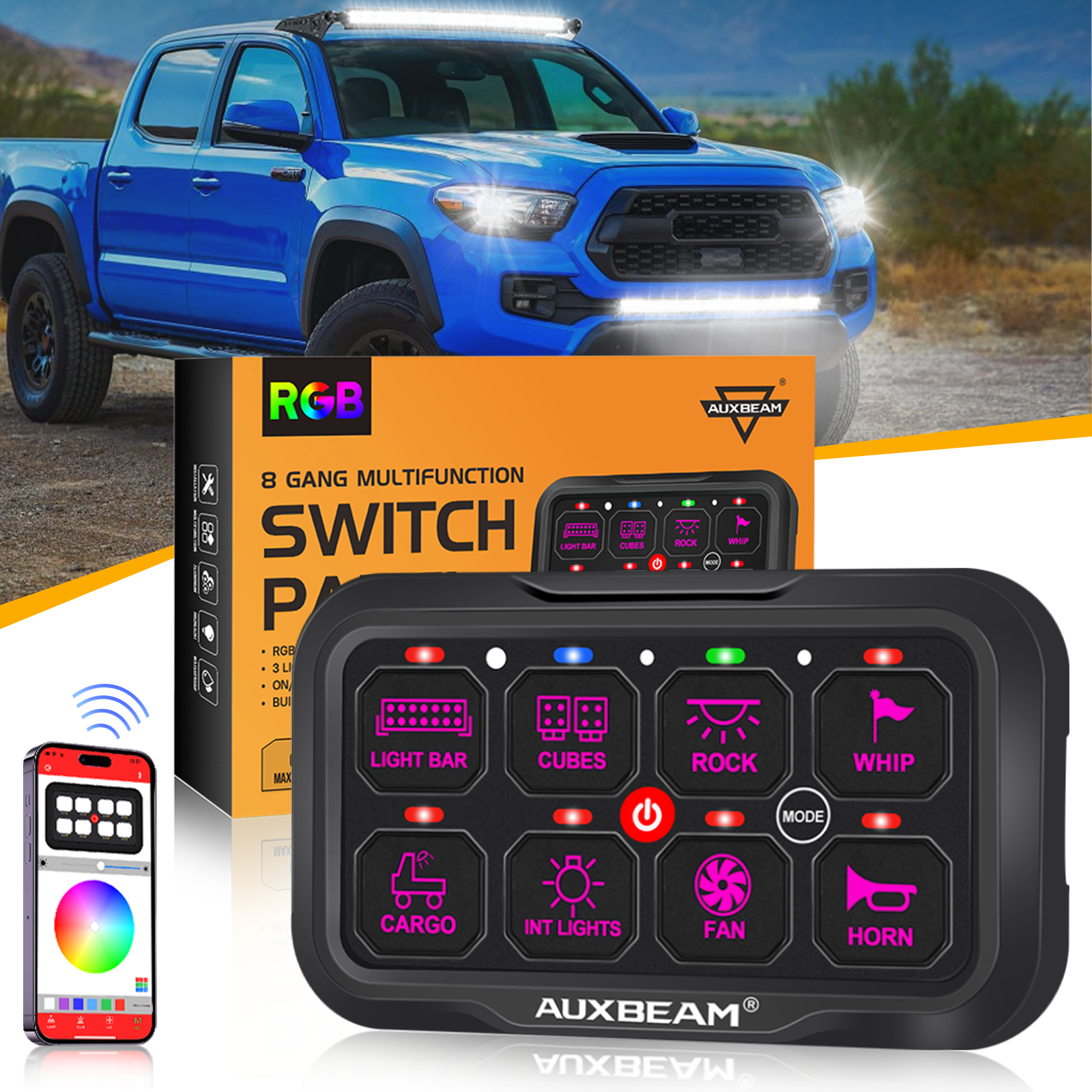 AR-800 Multifunction RGB Switch Panel with Bluetooth Controlled & 47 Inch Extension Cable(Optional) for Toyota Tacoma