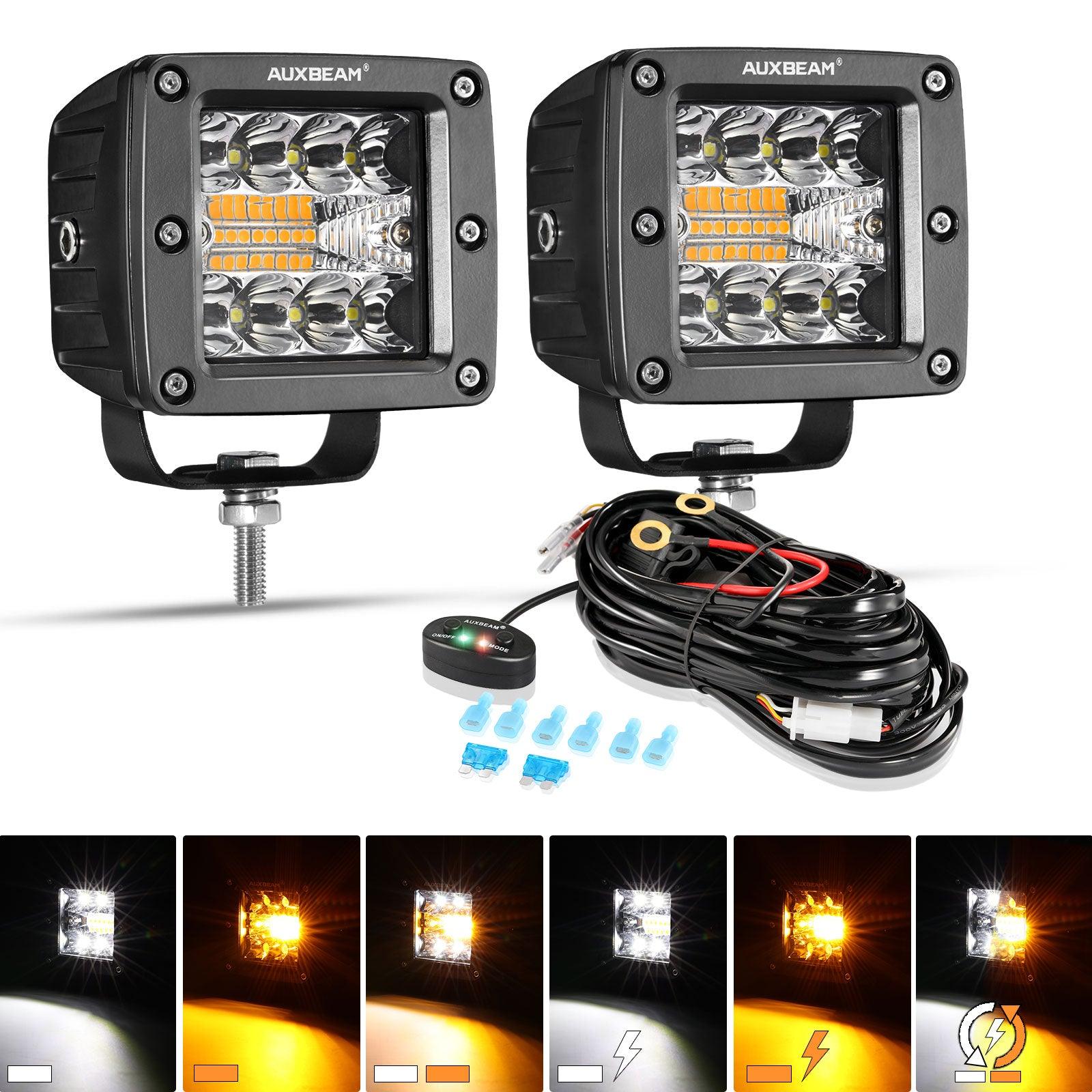 (2pcs/set) 3 inch 6 Modes White&Amber LED Square Light Pod Working Lights with Wiring Harness for SUV ATV UTV Trucks Pickup Boat