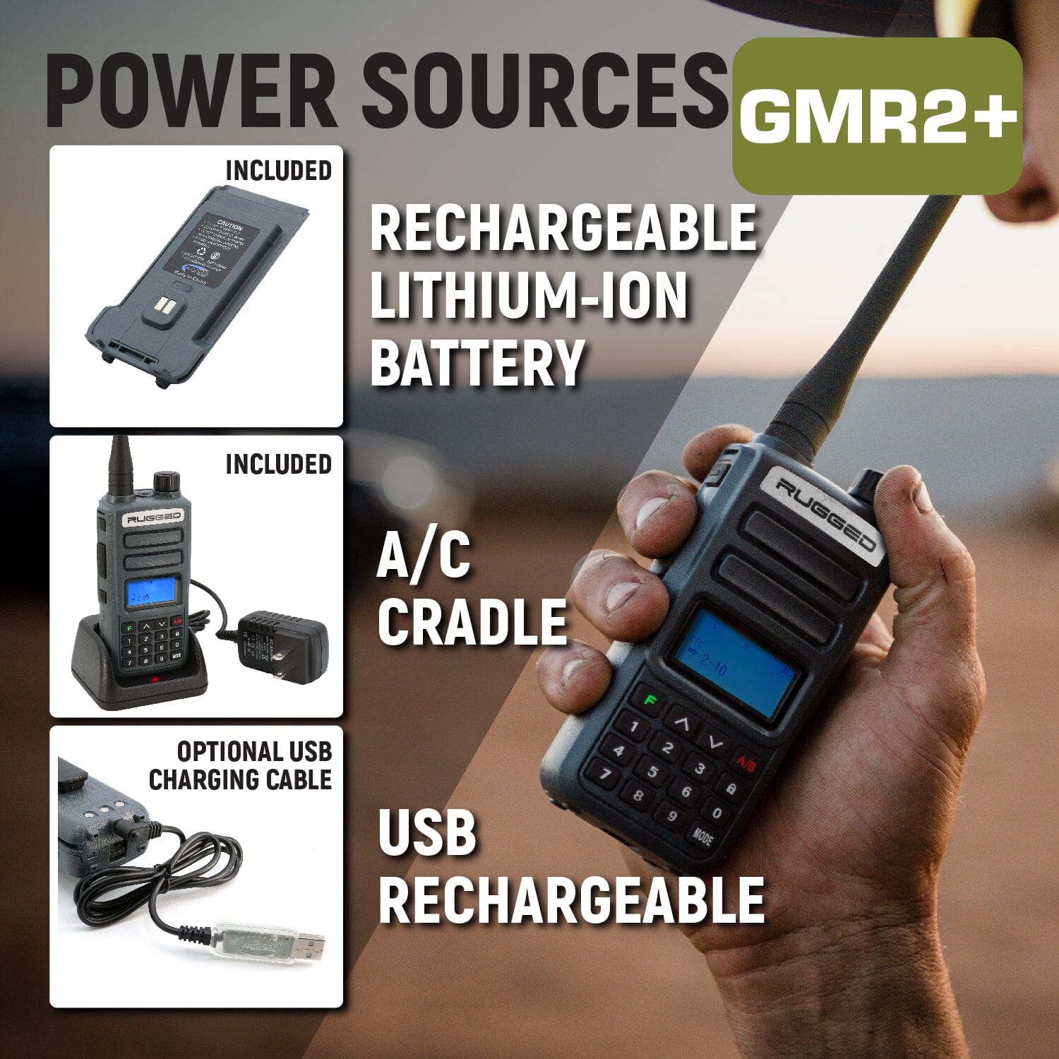 Rugged GMR2 PLUS GMRS and FRS Two Way Handheld Radio - Grey