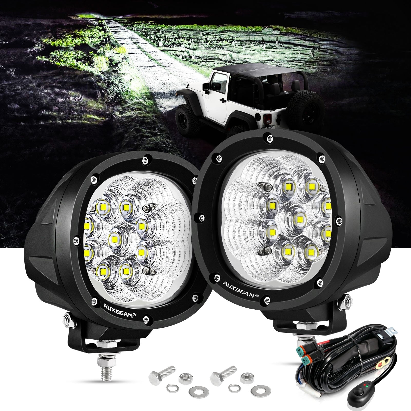 4 Inch 90W Round LED Driving Lights Flood White Light with Wiring Harness for SUV ATV UTV Trucks Pickup Boat