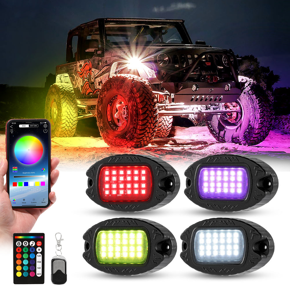 NEWEST! RGBW LED Rock Lights Kit with Bluetooth APP & Wireless Remote Control, Multicolor Neon Underglow Lights with Brake Light function